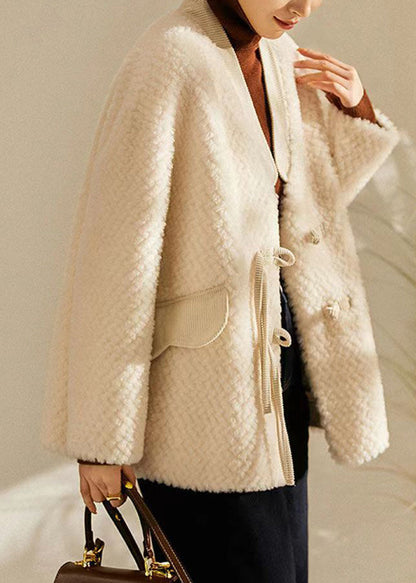Beige Tasseled Chinese Button Patchwork Wool Coats Winter