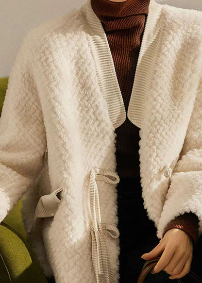 Beige Tasseled Chinese Button Patchwork Wool Coats Winter