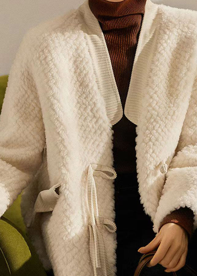 Beige Tasseled Chinese Button Patchwork Wool Coats Winter