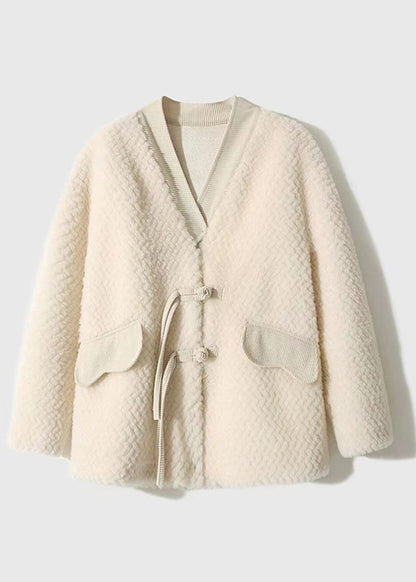 Beige Tasseled Chinese Button Patchwork Wool Coats Winter