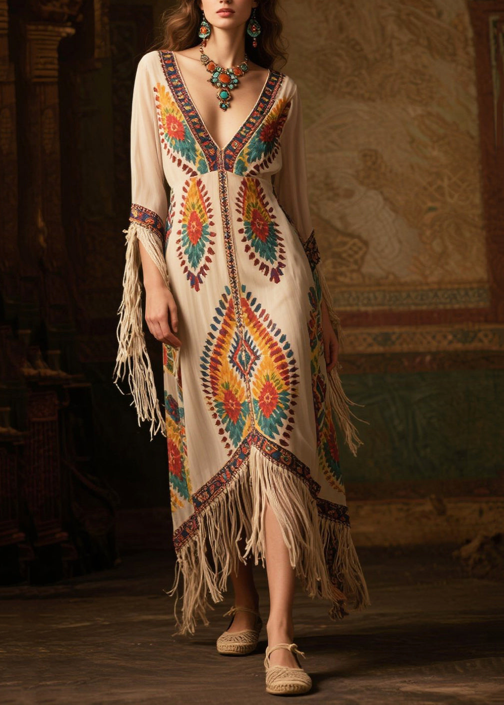 Beige Tasseled Print Chiffon Maxi Dresses Summer
