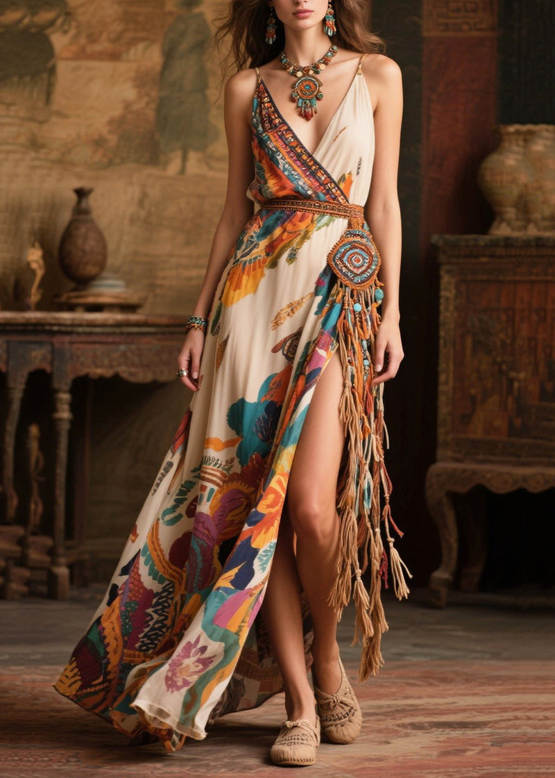 Beige Tasseled Side Open Chiffon Sundress Summer