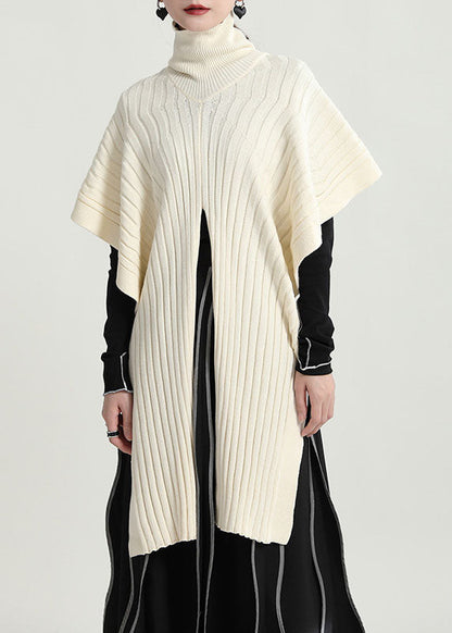 Beige Turtle Neck Side Open Knit Pullover Cloak Sleeves