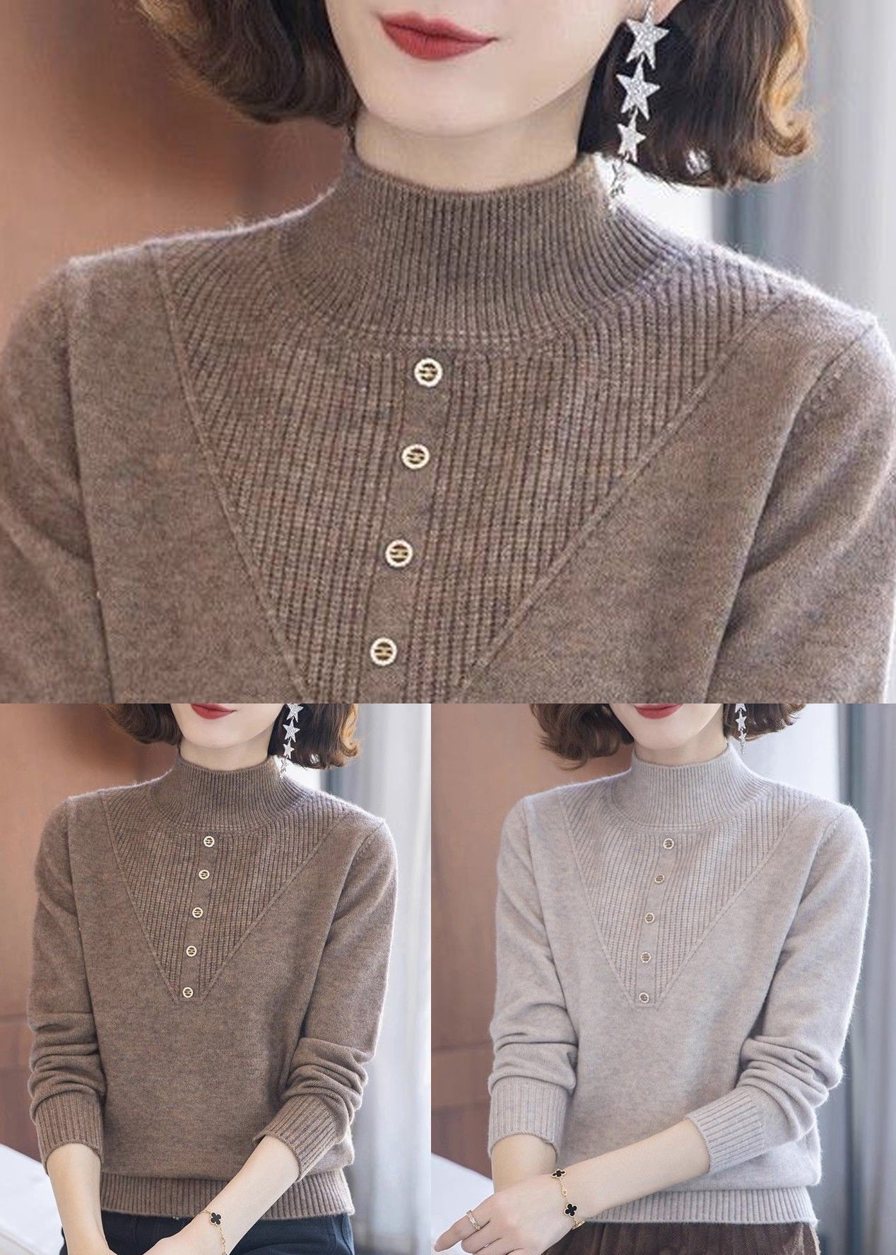 Beige Turtleneck Wool Knit Tops Long Sleeve