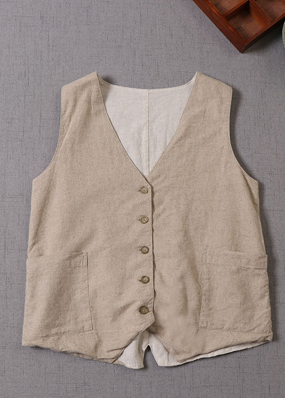 Beige V Neck Button Patchwork Sleeveless Tank Tops