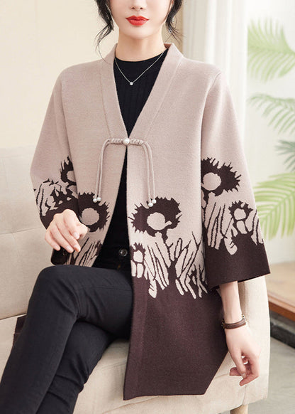 Beige V Neck Cotton Knit Cardigans Spring
