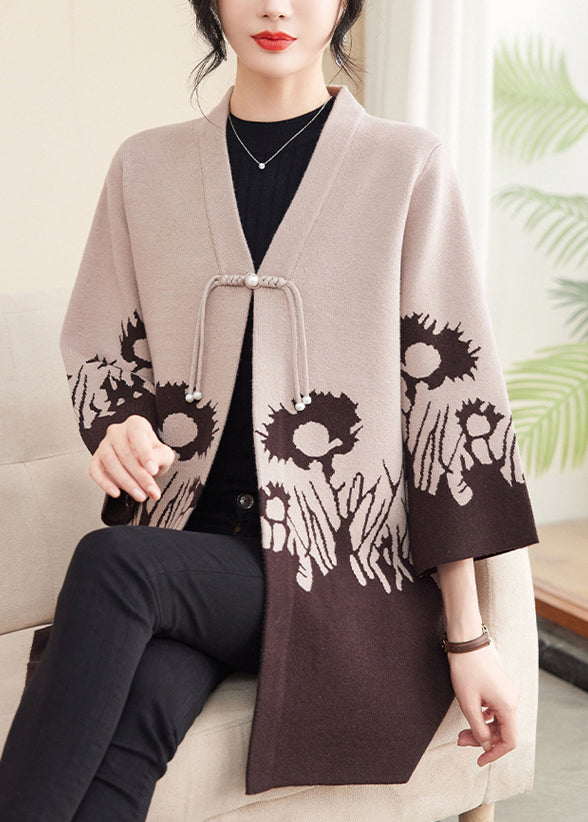 Beige V Neck Cotton Knit Cardigans Spring