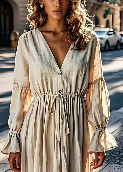 Beige V Neck Drawstring Linen Dress Flare Sleeve