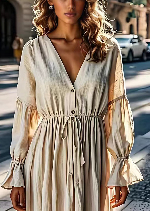 Beige V Neck Drawstring Linen Dress Flare Sleeve