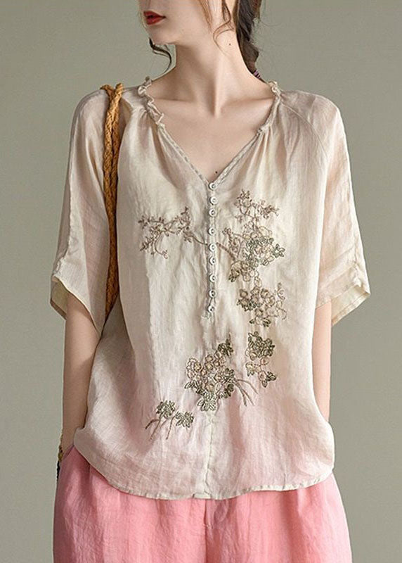 Beige V Neck Embroideried Patchwork Linen Top Summer