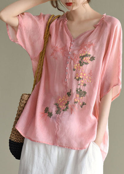 Beige V Neck Embroideried Patchwork Linen Top Summer