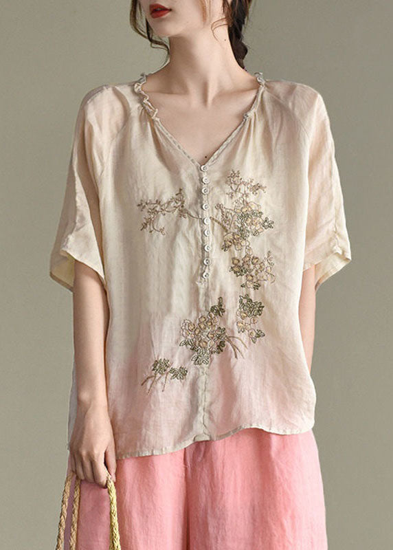 Beige V Neck Embroideried Patchwork Linen Top Summer