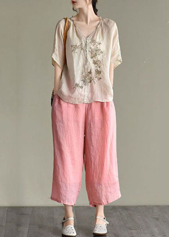 Beige V Neck Embroideried Patchwork Linen Top Summer