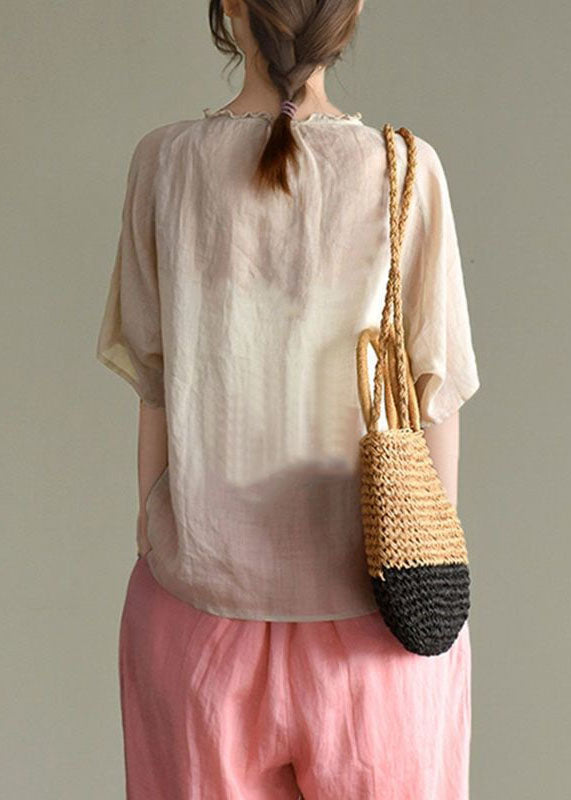 Beige V Neck Embroideried Patchwork Linen Top Summer