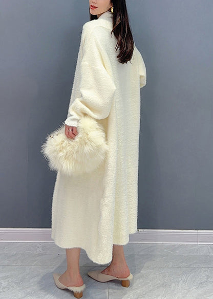 Beige V Neck Patchwork Mink Hair Knitted Loose Cardigan Fall