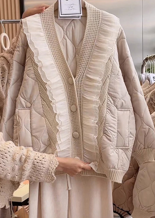 Beige V Neck Ruffled Patchwork Fine Cotton Filled Jacket Spring