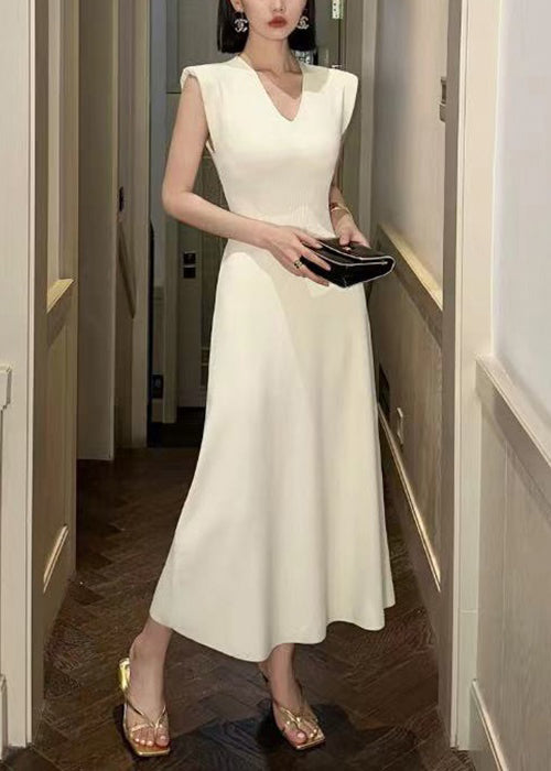 Beige V Neck Cotton Long Dresses Sleeveless
