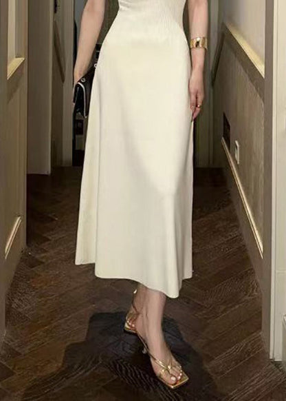 Beige V Neck Cotton Long Dresses Sleeveless