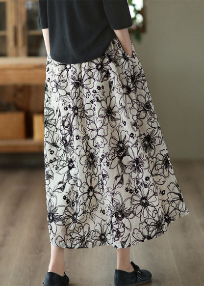 Beige Wrinkled Embroideried Linen Skirt Summer