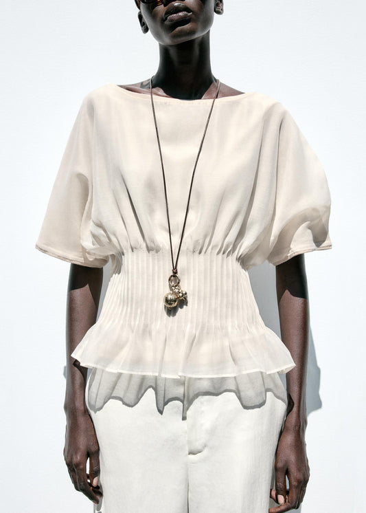 Beige Wrinkled Tulle Patchwork Cotton Knit T Shirts Summer
