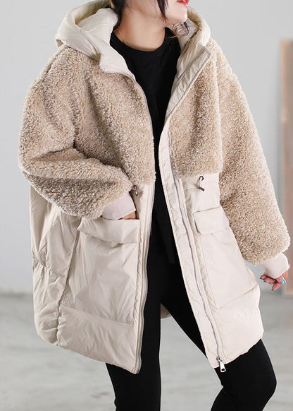 Beige Zip Up Patchwork Faux Fur Down Coat Winter