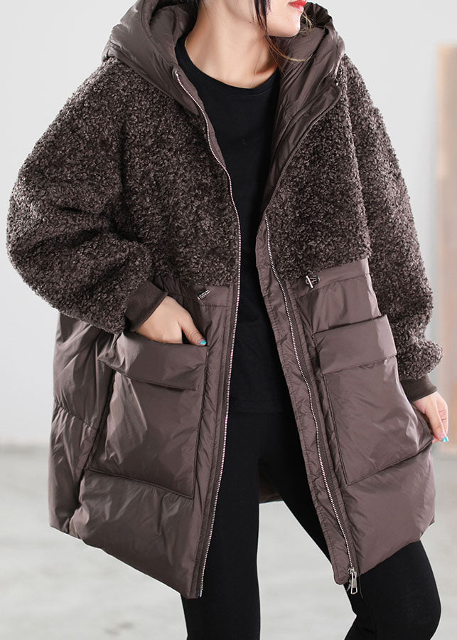 Beige Zip Up Patchwork Faux Fur Down Coat Winter