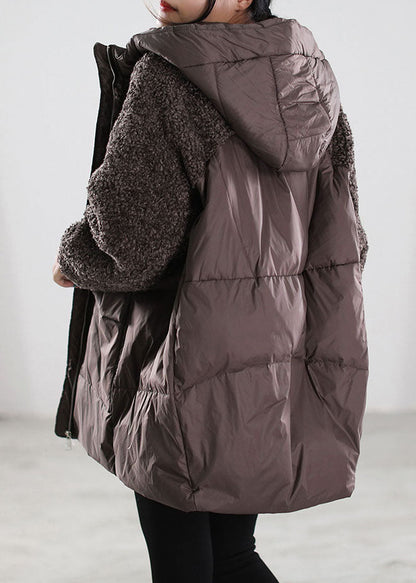 Beige Zip Up Patchwork Faux Fur Down Coat Winter