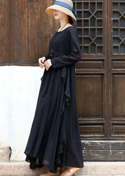 Black Asymmetrical Design Cotton Loose Dress Long Sleeve
