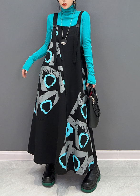 Black Asymmetrical Design Patchwork Print Cotton Strap Dress Spring