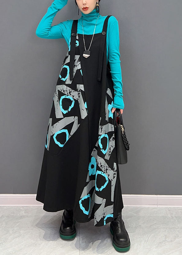 Black Asymmetrical Design Patchwork Print Cotton Strap Dress Spring