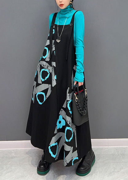 Black Asymmetrical Design Patchwork Print Cotton Strap Dress Spring