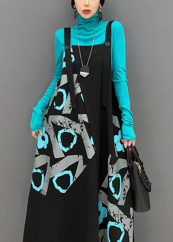 Black Asymmetrical Design Patchwork Print Cotton Strap Dress Spring