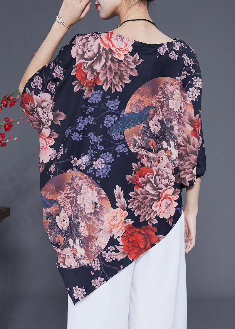 Black Asymmetrical Design Print Silk Top Summer