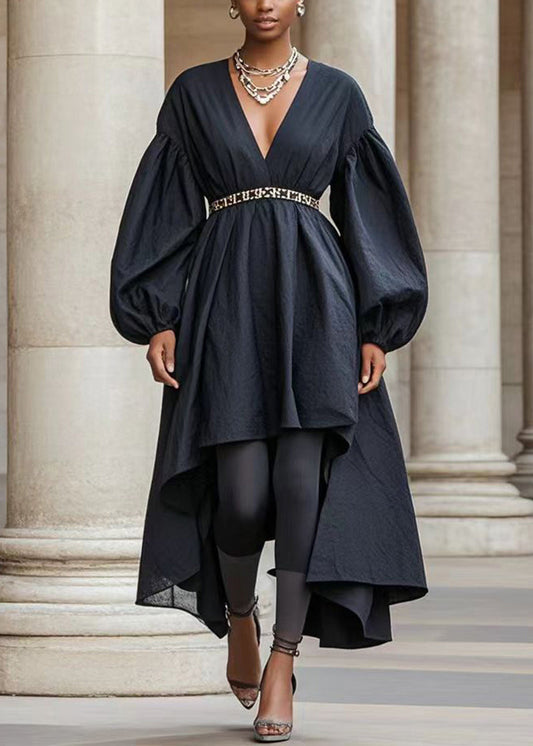 Black Asymmetrical Design Silm Fit Cotton Holiday Dress Fall