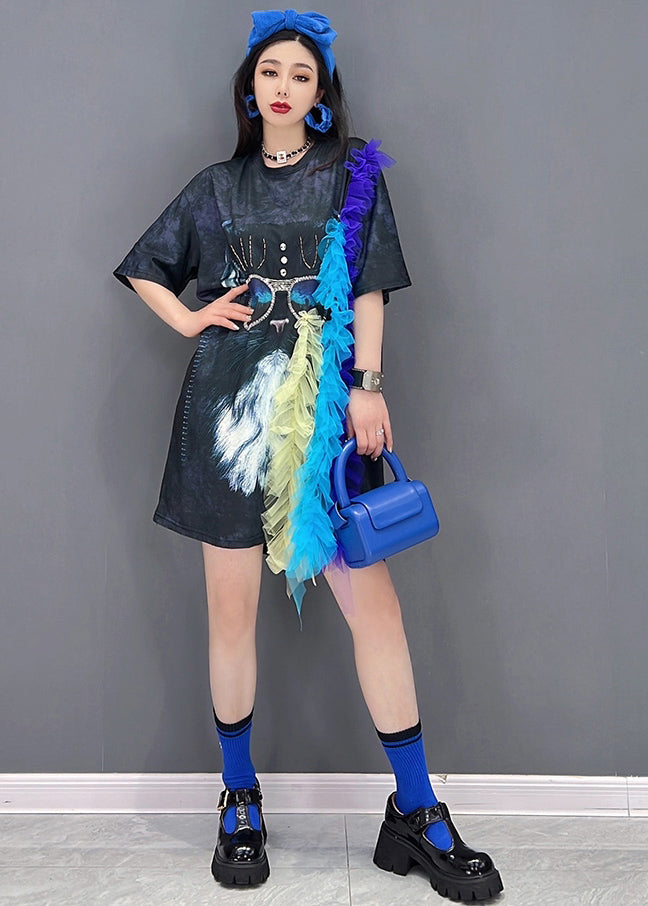 Black Asymmetrical Design Tulle Patchwork Print Dress Short Sleeve