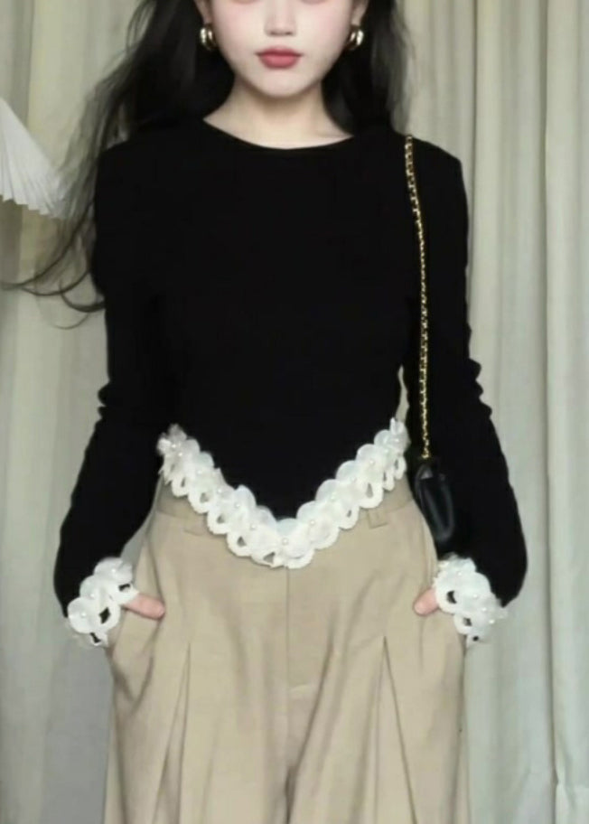 Black Asymmetrical Lace Patchwork Knit Sweaters Long Sleeve