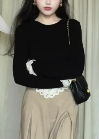Black Asymmetrical Lace Patchwork Knit Sweaters Long Sleeve
