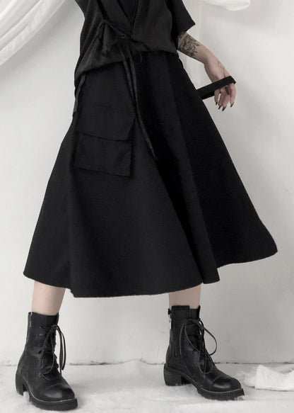 Black Asymmetrical Patchwork High Waist Sashes a Line Skirt Fall