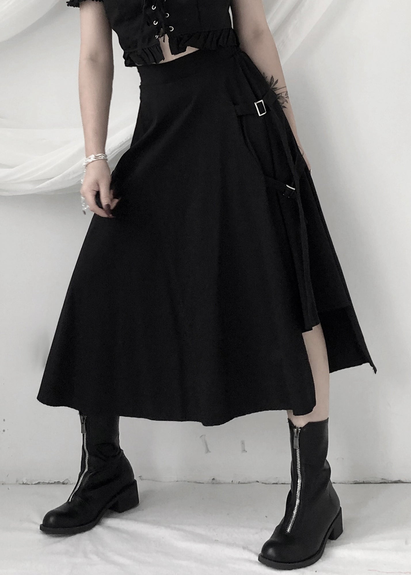 Black Asymmetrical Patchwork High Waist Sashes a Line Skirt Fall
