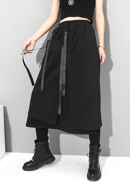 Black Asymmetrical Patchwork Pockets Elastic Waist Skirts Fall