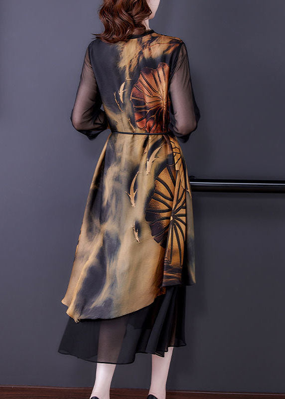 Black Asymmetrical Patchwork Print Silk Dress Summer