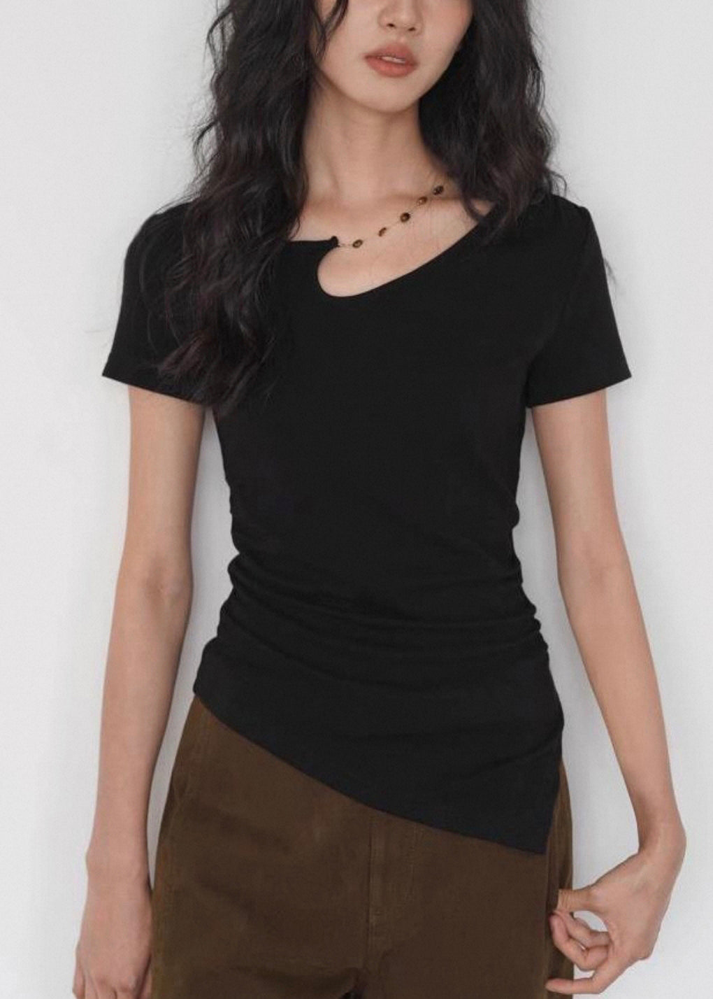 Black Asymmetrical Cotton T Shirt Summer