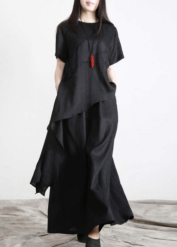Black Asymmetrical Linen Top and Pants Two Pieces Set Short Sleeve