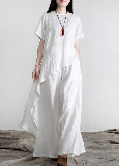 Black Asymmetrical Linen Top and Pants Two Pieces Set Short Sleeve