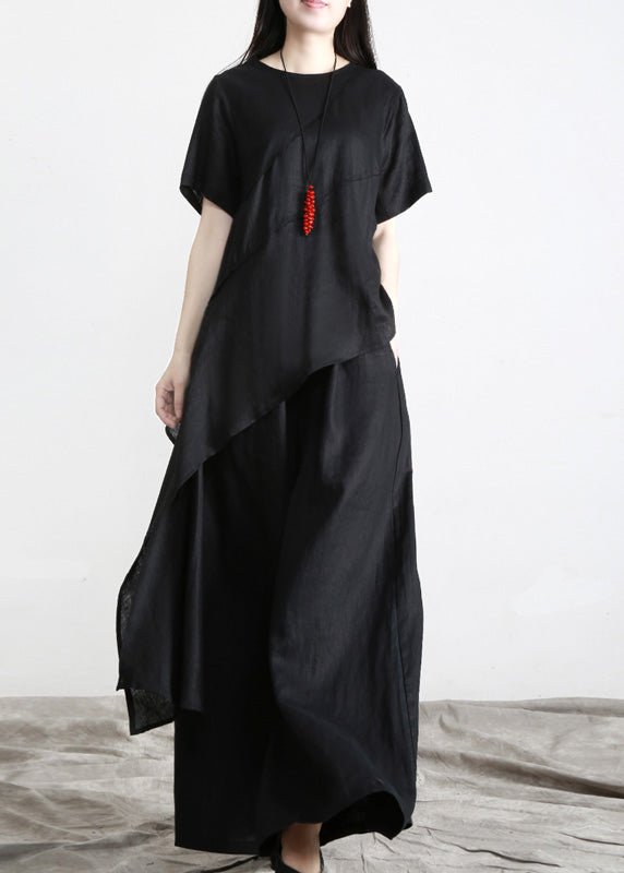Black Asymmetrical Linen Top and Pants Two Pieces Set Short Sleeve