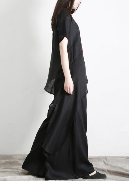 Black Asymmetrical Linen Top and Pants Two Pieces Set Short Sleeve