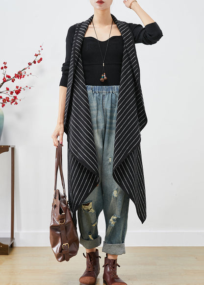 Black Asymmetrical Striped Cotton Long Vest Fall