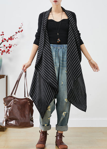 Black Asymmetrical Striped Cotton Long Vest Fall