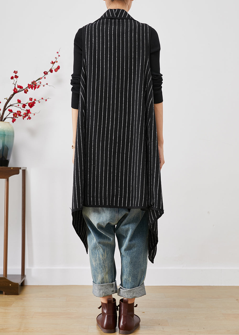Black Asymmetrical Striped Cotton Long Vest Fall