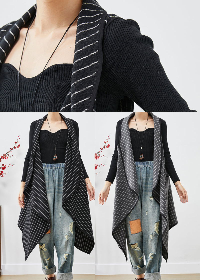 Black Asymmetrical Striped Cotton Long Vest Fall